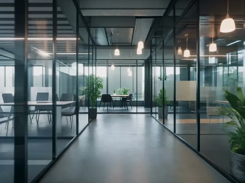 Modern office hallway with glass partitions and plants in Tacoma
